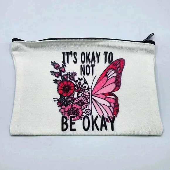 It's Okay to Not Be Okay Canvas Zipper Pencil Bag Makeup Bag Pouch Bag Handmade - Picture 1 of 2
